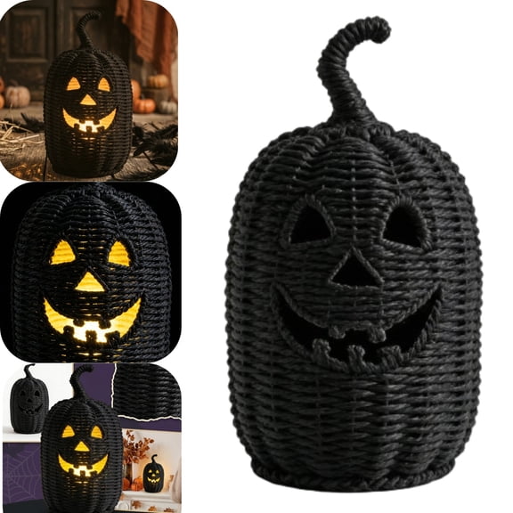 Halloween Handwoven Wicker Pumpkin Lantern, Rustic Jack-O'-Lantern Tea Light Holder, LED Lantern for Indoor Outdoor Porch Fireplace Farmhouse Decor