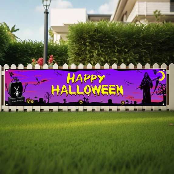 Halloween Hanging Banner Weather Resistant Holiday Yard Fence Banner With Grommets Happy Halloween Holiday Banner For Yard Home Indoor Outdoor Party Decoration(F-98"×19.68")