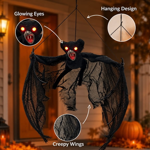 Halloween Hanging Bat Decor with LED Lights Realistic Flying Black Bat for Porch Yard Indoor Party Haunted House Decoration (Black)