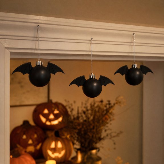 Halloween Hanging Bat Ornaments, Round Ball Style Hanging Pendants, Decorative Supplies for Holiday Tree Doorway and Home Indoor Scene Decor