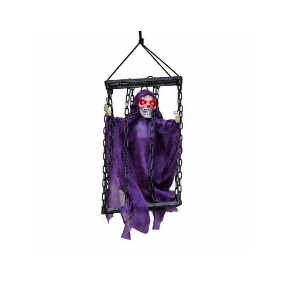 Halloween Hanging Cage Ghost Decoration – Motion Activated Light Up Skeleton Head with Sound for Halloween