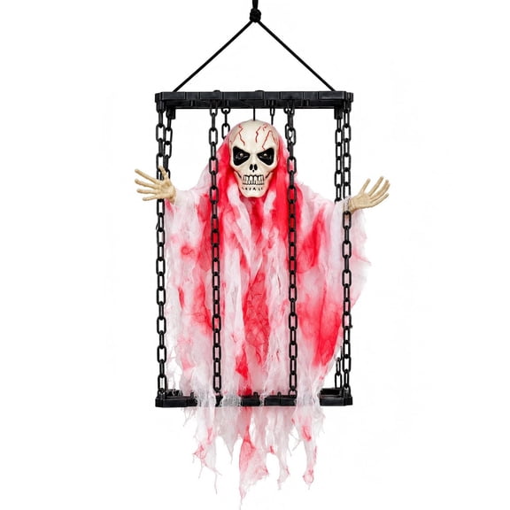 Halloween Hanging Caged Skeleton Ghost Prop, Sound Activated Prisoner Ghost with Light Up Red Eyes, Creepy Swinging Cage Ghost for Front Porch, Yard, Patio, Indoor Outdoor Halloween Party Decorations