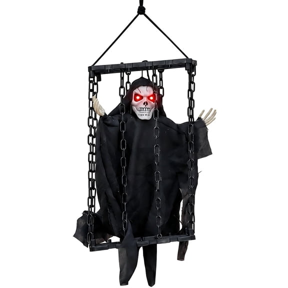 Halloween Hanging Caged Skeleton Ghost Prop, Sound Activated Prisoner Ghost with Light Up Red Eyes, Creepy Swinging Cage Ghost for Front Porch, Yard, Patio, Indoor Outdoor Halloween Party Decorations