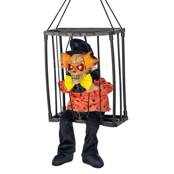 Halloween Hanging Caged Skeleton Prisoner, Animated Shaking Scary Ghost Prop with Glowing Red Eyes and Screaming Sound, Motion Sensor Activated Halloween Haunted House Decoration for Porch Yard