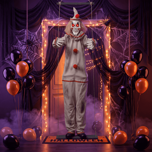 Halloween Hanging Clown Decoration, Animated Swinging Prop with Sound and Light Up Eyes, Touch, Shout and Clap Activated, Indoor Outdoor Decor