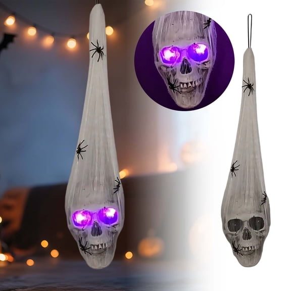 Halloween Hanging Cocoon Skull Decoration Led Light-Up Purple Eyes With Spiders, Hanging Ghost Skeleton For Indoor Outdoor Haunted Party Display 25.4cm