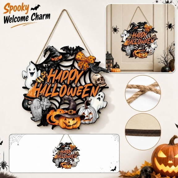 Halloween Hanging Decor, Happy Halloween Sign 12X12X0.5 Inch Wooden Plaque, for Halloween Party Hosts, Home Front Porch and Entryway Display, to Spruce Up Seasonal Entry Vibes and