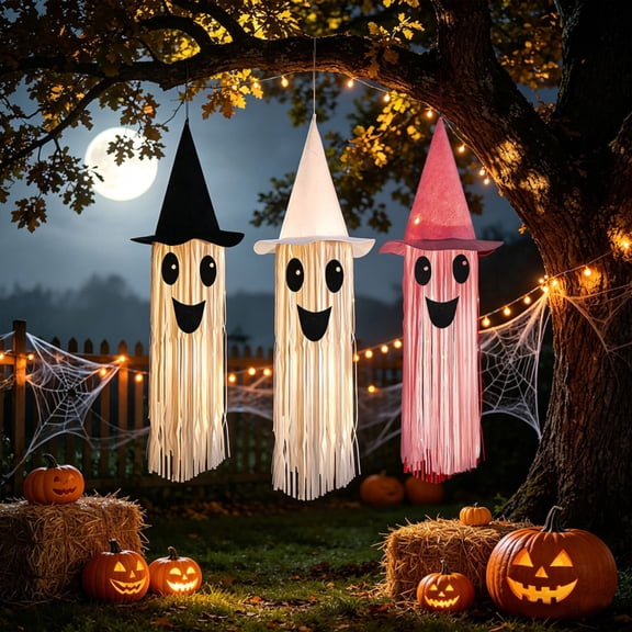 Halloween Hanging Decor, Swinging Ghost Outdoor Decor, Witch Hat Decor, Cute Ghost Decor, Smiling Light-Up Hanging Ghost with Black Witch Hat, Lightweight Tassel Streamer Design