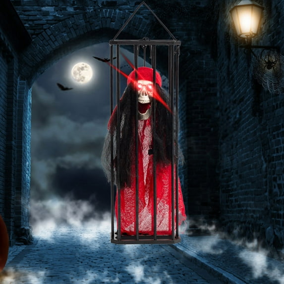 Halloween Hanging Decoration Screaming Skeleton Cage Prisoner Glow Props,Animated Skull Ghost Hanging Halloween Decor Prop with Motion Sensor & Flashing Eyes for Home Indoor Outdoor Decor