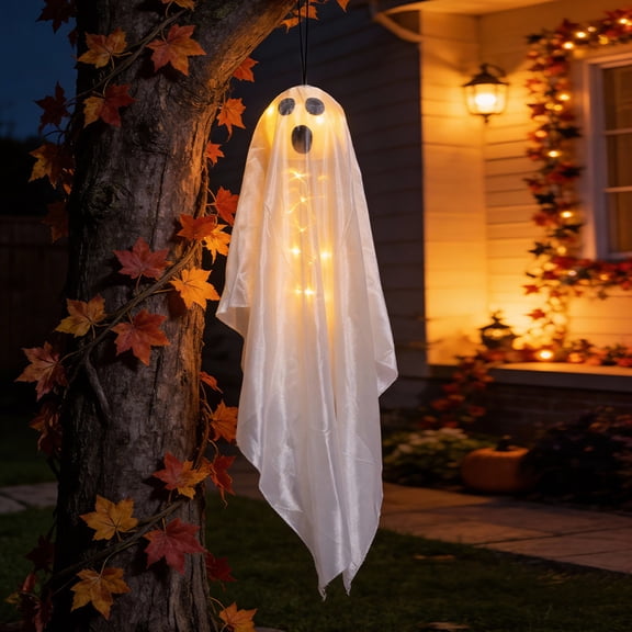 Halloween Hanging Decorations, Light Up Ghost, Hanging Ghost, Ghost Face Decor, 36X5 Inch Soft Sheer Fabric White Ghost Figure with Warm Built-In Lights for Porch, Tree and