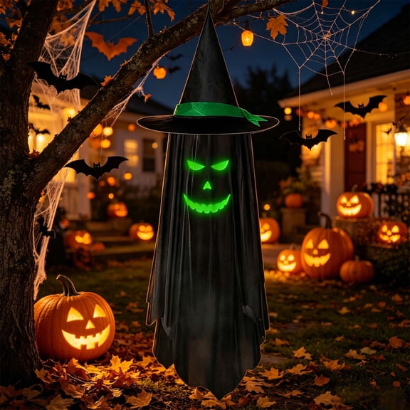 Halloween Hanging Decorations Outdoor, Black & Green Spooky Ghost with Glowing Face in the Dark, Ghost Halloween Decor for Outside Yard, Garden, Tree, Porch, Lawn, 40" H, A