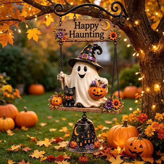 Halloween Hanging Doorbell Ghost Wind Chime Pendant, Resin Swinging Witch Hat Ghost With Pumpkins and Happy Haunting Welcome Sign for Indoor Outdoor Porch Decor