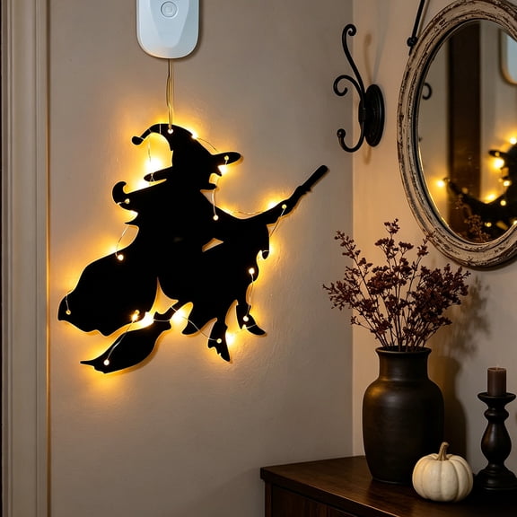 Halloween Hanging Flying Witch Decoration, Led Light‑Up Weather‑Resistant Easy‑Hang Spooky Ornament Eye‑Catching Night Display for Window Door Porch Garden Fence for Halloween Yard Decor Lovers