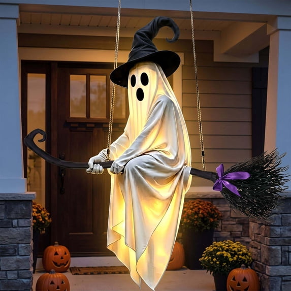 Halloween Hanging Ghost Decor, 3.3Ft Light-Up Flying Ghost on Broomstick with Witch Hat, Cute Outdoor Halloween Decorations for Front Porch Yard Tree