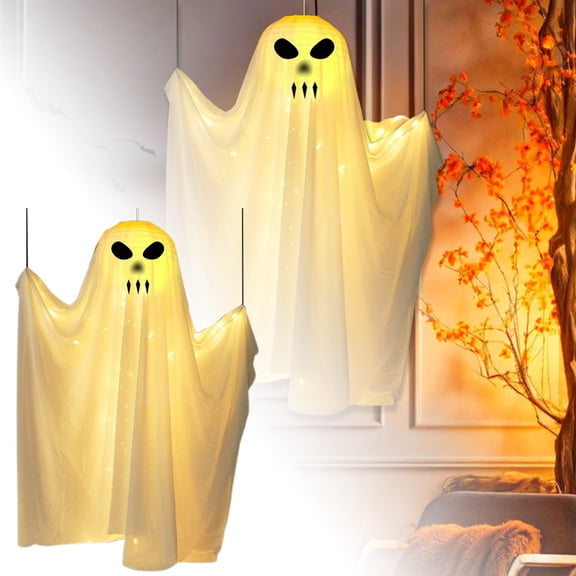 Halloween Hanging Ghost Decor - 39" Lighted Flying Ghost with Purple LEDs for Porch, Tree & Party, Scary Yet Cute Outdoor/Indoor Decoration