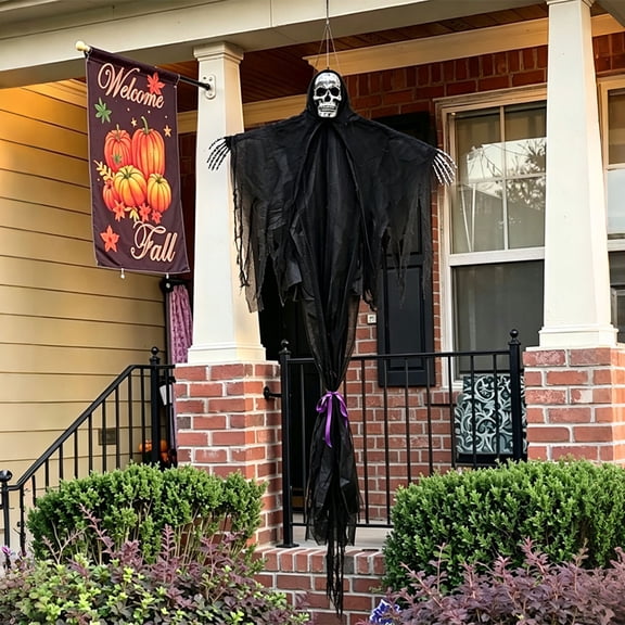 Halloween Hanging Ghost Decor, 66.93 Inch Creepy Skeleton Prop With Realistic Skull Head, Skeleton Hands, Tattered Black Gauze And Purple Ribbon For Front Door, Porch,Haunted House Decor