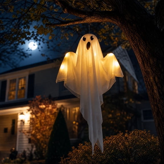 Halloween Hanging Ghost Decor Light Up Gauze Ghost Ornament LED Glowing Pendant Spooky Front Door Yard Porch Window Wall Fireplace Party Decoration Indoor Outdoor Holiday Display