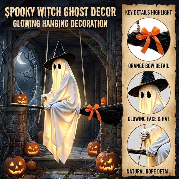 Halloween Hanging Ghost Decor,Light-Up Flying Witch Ghost on Broomstick,Spooky Cute Hanging Decor for Outdoor Lawn,Front Porch Yard Tree,Early Halloween Decorations