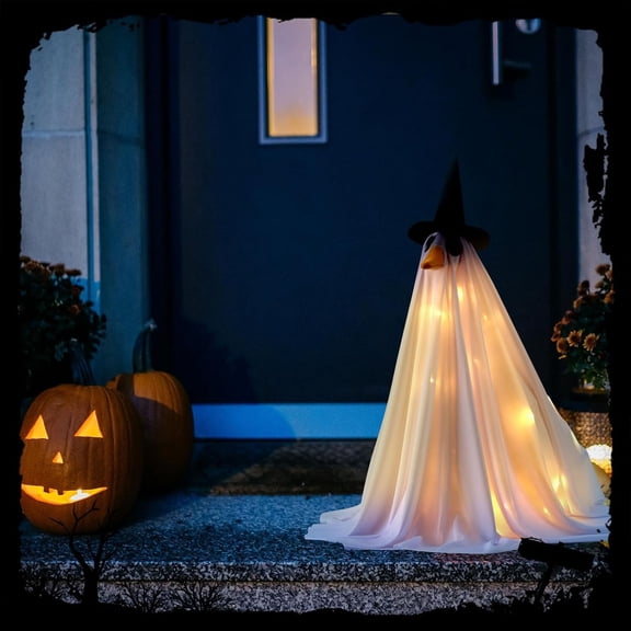 Halloween Hanging Ghost Decor with Witch Hat,Natural Drooping Texture,Equipped with LED String Lights & Nano Tape for Front Porch,Courtyard,Tree Branches,35"