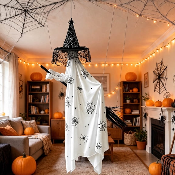 Halloween Hanging Ghost Decoration, Flying Witch on Broomstick with Cape, Outdoor Spooky Porch Decor, Indoor Prop for Yard Tree Entryway