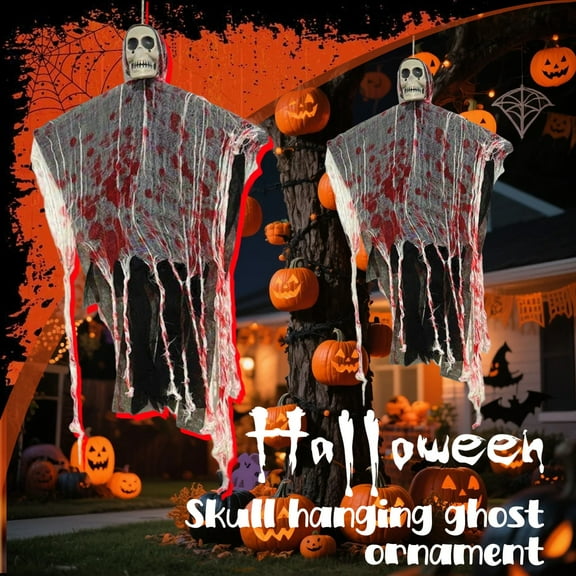 Halloween Hanging Ghost Decoration with Skull - 33.4" Skeleton Hanger Blood-Stained Gauze Ghost Ornament, Scary Skeleton Hanging Prop for Yard, Tree, Porch & Halloween Outdoor Decor
