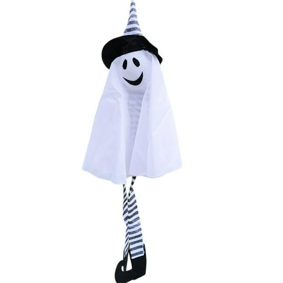 Halloween Hanging Ghost Decoration with Witch Hat and Striped Legs Indoor Outdoor Spooky Decor, 3.5 Feet