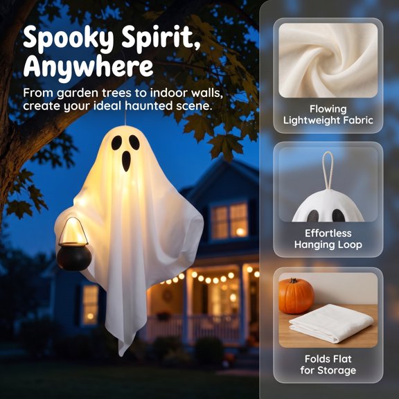Halloween Hanging Ghost Decorations, 1pc Hanging Lighted Illuminated Ghost Ornament, Classic Facial Ghost with Cauldron, Decor for Patio Tree Front Porch White S