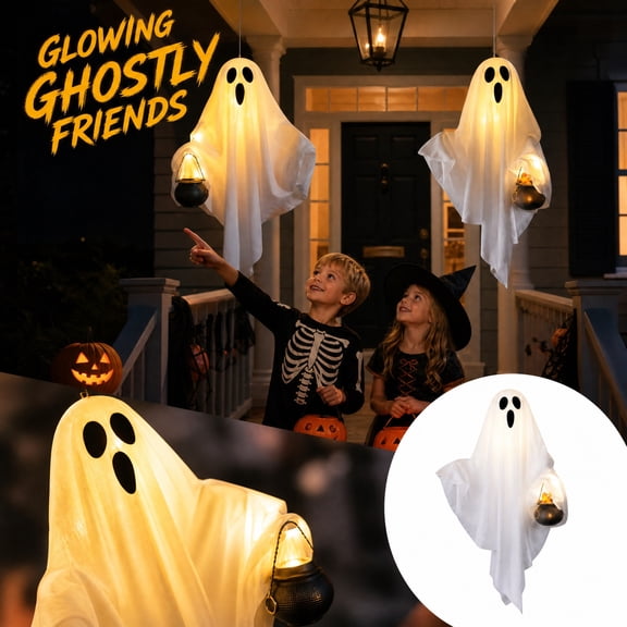 Halloween Hanging Ghost Decorations, 1pc Light Up Hanging Ghost Ornament, Simple Classic Ghost with Cauldron, Holiday Decor for Window Lawn Entryway White S