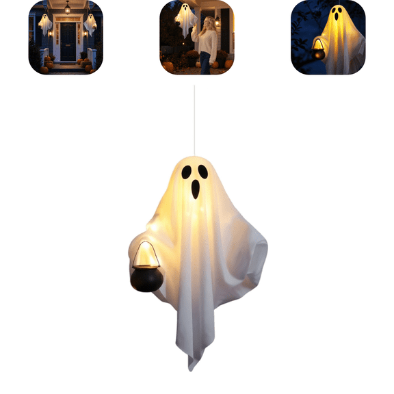 Halloween Hanging Ghost Decorations, 1pc Lighted White Hanging Ghost Ornament, Classic Ghost Design with Trick-or-Treat Cauldron, Decor for Tree Porch Bedroom White S
