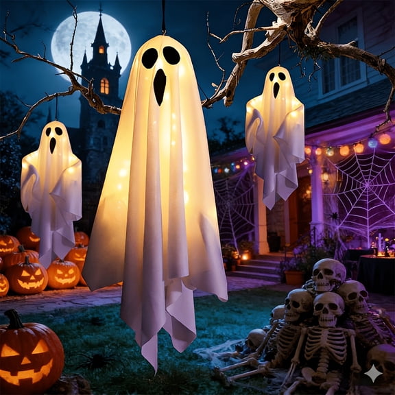 Halloween Hanging Ghost Decorations, Light-up Flying Ghosts with LED Warm White Lights, Indoor Outdoor Halloween Party Decor, Batteries Included, 3 pcs pack