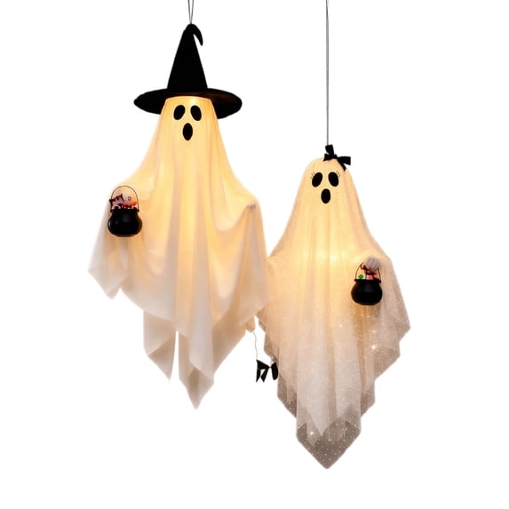 Halloween Hanging Ghost Decorations Set of 2, Spooky Outdoor Yard Ornaments with Witch Hat & Lantern Details, Holiday Porch Garden Display