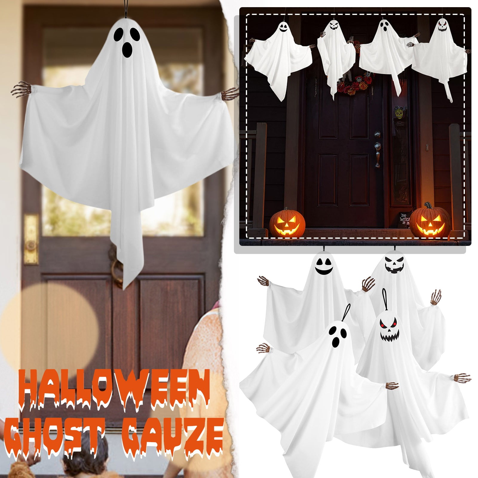 Déco Halloween : 4 Fantômes Lumineux à Suspendre - LED Clignotantes, Bras Réglables - Pour Jardin, Arbre, Maison - Effet Spooky