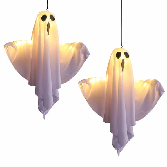 Halloween Hanging Ghost with LED String Lights, 2 Pack 20x16 Inch Glowing Decoration for Porch Ceiling Party Decor and Yard, Twin Ghost Lights for Double Spook