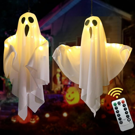 Halloween Hanging Ghost Lights with Remote Control Floating Ghost Decorations with Timer, 8 Lighting Modes, Battery Operated for Scary Halloween Decor Indoor Outdoor (2-Pack)