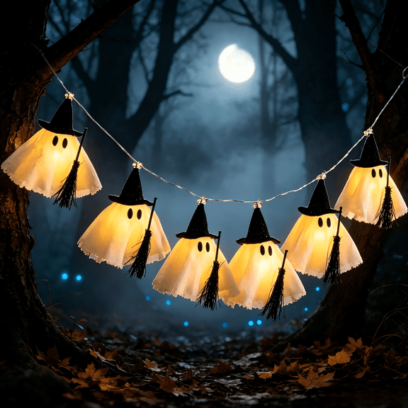 Halloween Hanging Ghost Lights with Witch Hats - 6 LED Waterproof String Light Up Ghost Garlands for Outdoor Haunted House