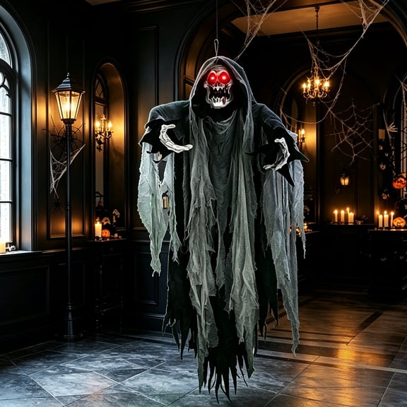 Halloween Hanging Ghost Outdoor Decor – 5.7FT Hanging Grim Reaper with LED Glowing Eyes & Creepy Sound