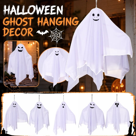 Halloween Hanging Ghost Outdoor Decoration, Halloween Suspended Simple Shape Ghost, Cute Flying White Ghost for Front Yard Porch Patio Lawn Garden Tree & Party Decor (D)