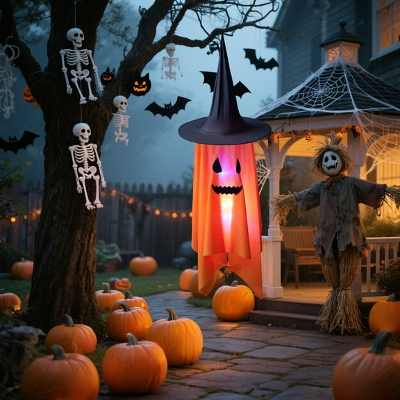 Taicans Halloween Hanging Ghosts,15x41in Large Size Halloween Decorations Outdoor Hanging Ghosts,Glowing Ghost Witch Hat Lights for Yard Patio Garden Tree Outside,Reusable Spooky Festival Light