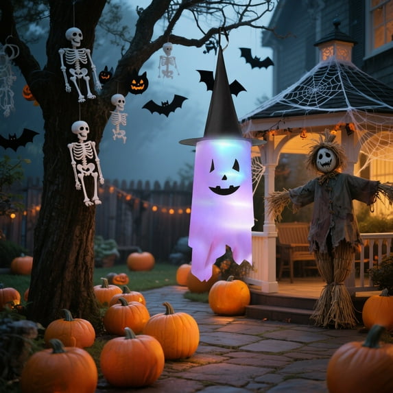 Taicans Halloween Hanging Ghosts,15x41in Large Size Halloween Decorations Outdoor Hanging Ghosts,Glowing Ghost Witch Hat Lights for Yard Patio Garden Tree Outside,Reusable Spooky Festival Light