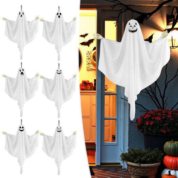 Halloween Hanging Ghosts with Skeleton Hands, 25.2" Cute Flying Ghost Decoration Spooky Expression for Front Yard Patio Lawn Garden Party Décor and Holiday Decorations C