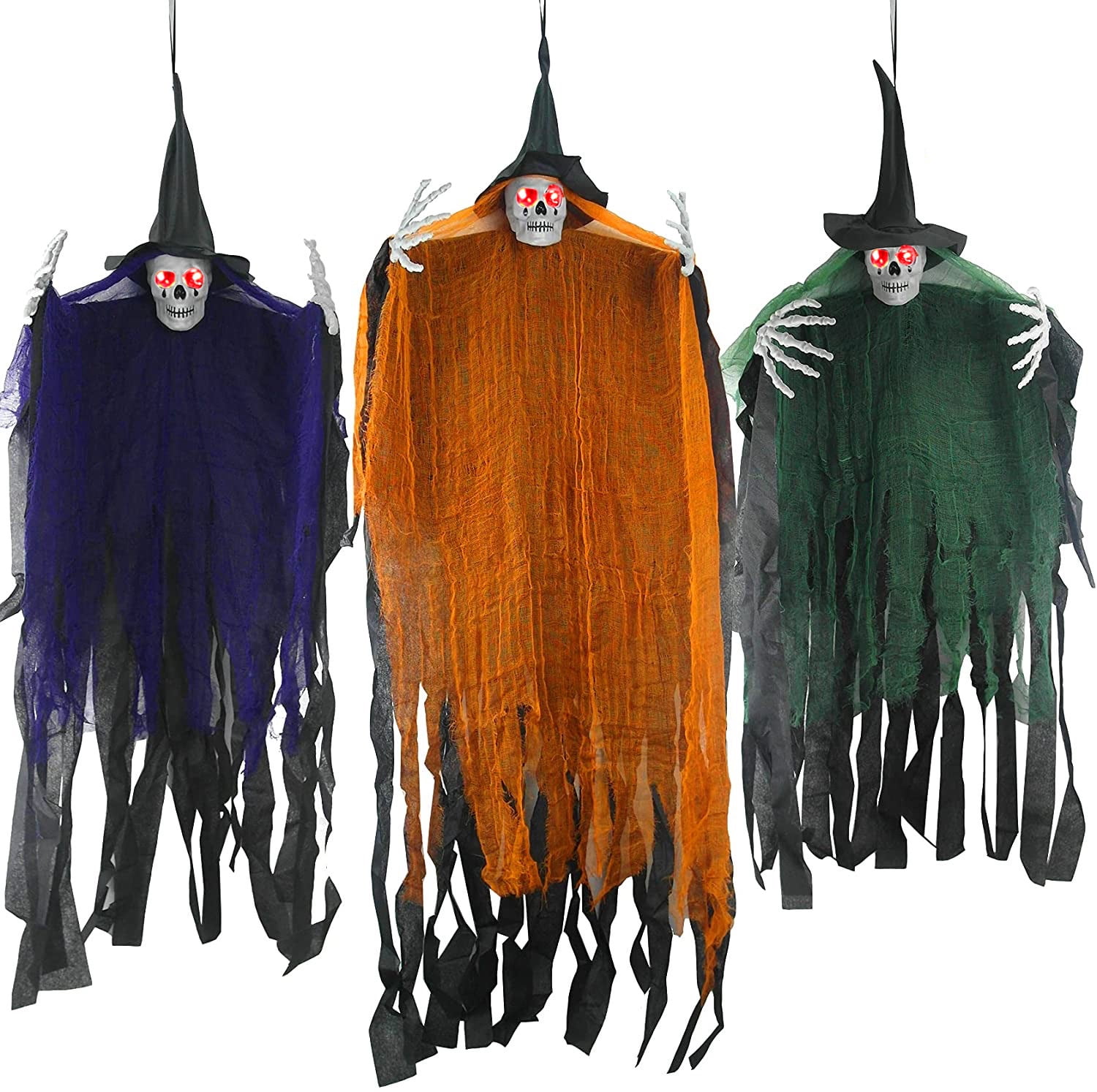 Halloween Hanging Grim Reapers 3 Pack 47" Hanging Skeleton Ghost Decorations Outdoor with Glowing Eyes for Halloween Haunted House Props Yard Outdoor Halloween Decorations