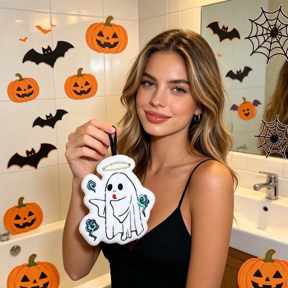 Halloween Hanging Hand Towel, Polyester Fleece Ghost Kitchen Towel, 7.9 x 6.3 in