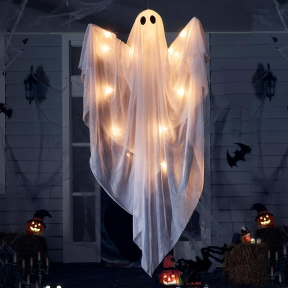 Halloween Hanging Light up Ghost with Spooky Warm White LED Light, 47 Halloween Hanging Decoration White Ghosts for Front Yard Patio Lawn Garden Party Decor Indoor Outdoor