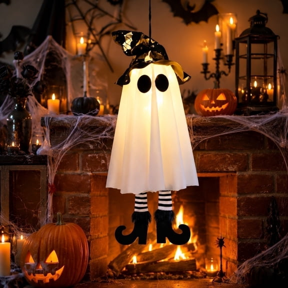 Halloween Hanging Light Up Ghost Witch Decor, LED Warm White Glowing High Heels Ghost Ornament, Spooky Indoor Outdoor Yard Tree Party Decoration