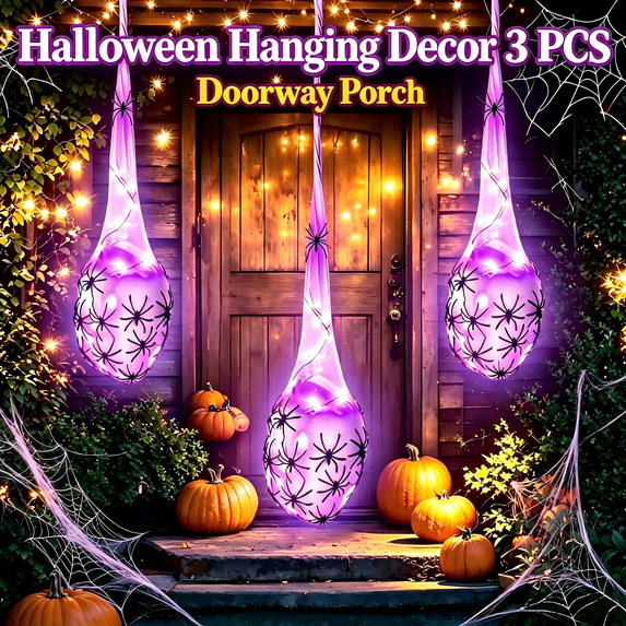 Halloween Hanging Light Up Spider Egg Sacs Decorations, Hanging Web Prop with Black Spiders, Indoor Outdoor Halloween Decor for Party Proch Yard Tree