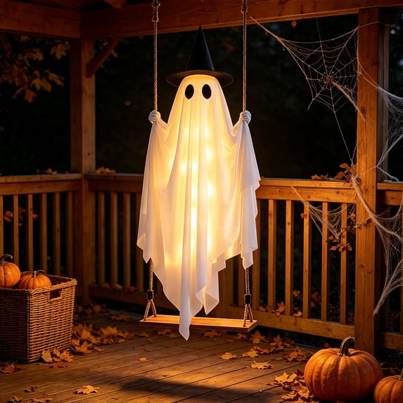 Halloween Hanging Light up Ghost, 6FT Pre-Assembled Hanging Swing Ghost Halloween Hanging Decoration ,White Ghosts Decoration