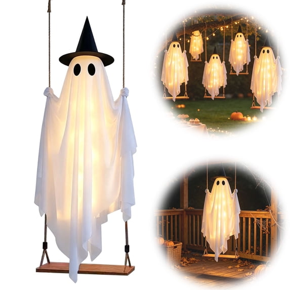 Halloween Hanging Light up Ghost, 6FT Pre-Assembled Hanging Swing Ghost Halloween Hanging Decoration ,White Ghosts with LED Light