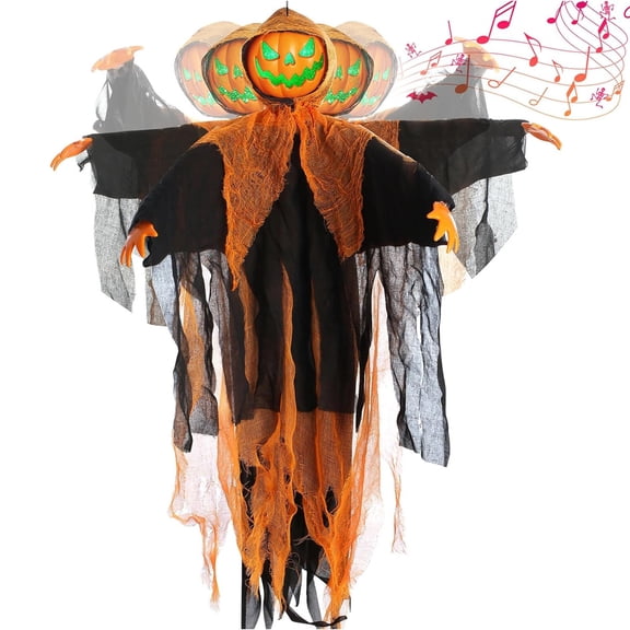 Halloween Hanging Orange Pumpkin Decoration with Sound and Rotating Head