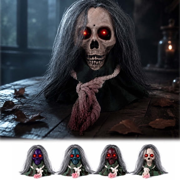 Halloween Hanging Prop,Halloween Movable Long Haired Skull Ornament Glowing Red LED Eye Mechanical Swing Structure,Battery Free Sold Horror Decor For Doorway Tree Bar Escape Room Display