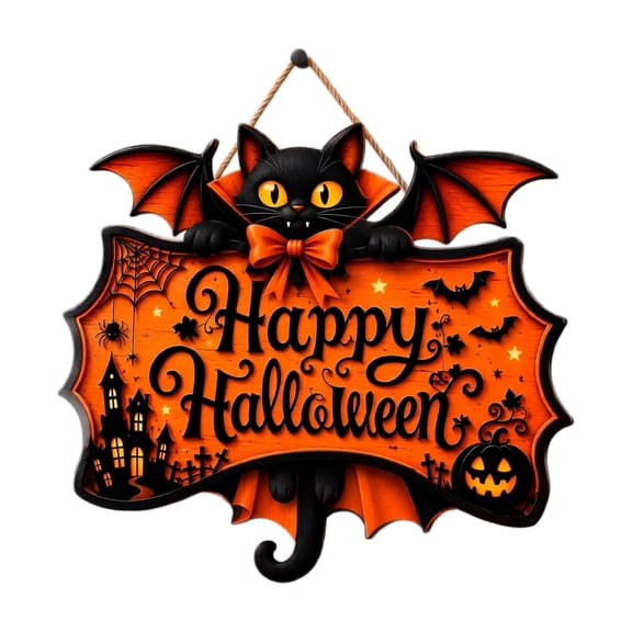 Halloween Hanging Sign with Cat and Bat Wing Shape Decorative Door Plaque for Entryway Porch Wall Seasonal Party Decor